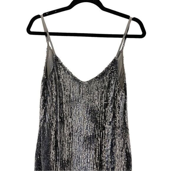 Retrofete Rebecca  Grey Velvet Trimmed Sequined Chiffon Dress ( No Belt) - Picture 6 of 11